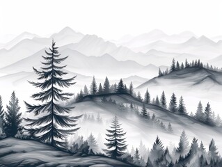 Fototapeta premium Ghostly ridge, eerie mist and spectral trees, haunting and scenic, Black and White color tones, watercolor painting