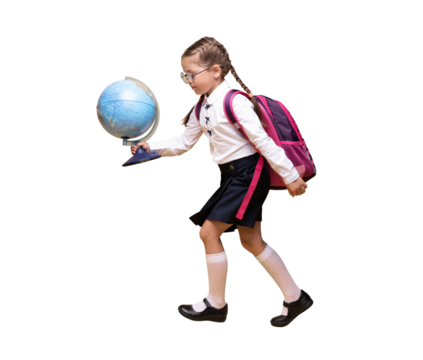 a little girl in school uniform holds a globe in her hands on a yellow background.