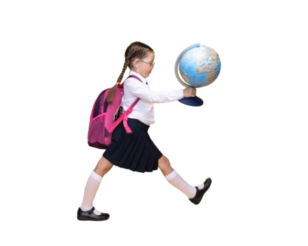 a little girl in school uniform holds a globe in her hands on a yellow background.
