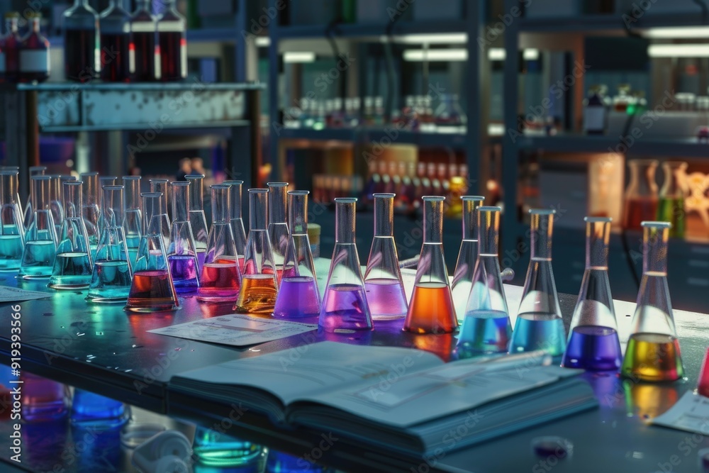 Poster A row of test tubes containing different colored liquids