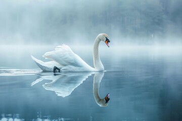 Fototapeta premium swan glides gracefully across a calm lake, reflecting its elegance in the still waters. The tranquil scene, with hints of autumn foliage, captures the serene beauty of nature.