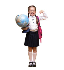 a little girl in school uniform holds a globe in her hands on a yellow background.