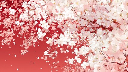 Red backdrop, pink/white flowers on tree branches, red sky