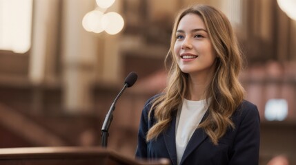 Female speaker delivering a speech at a formal event, inspiring audience with confidence and professional presence.