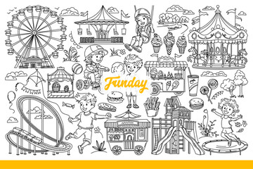Children amusement park for funday with boy having fun near carousels. Funday for little ones during school holidays with opportunity to have fun and eat ice cream or fast food. Hand drawn doodle