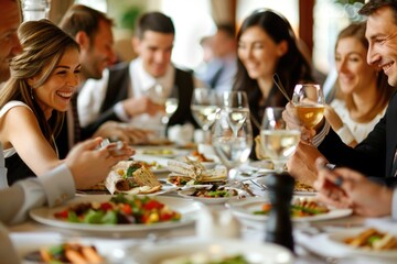 A group of friends or family gathered around a dinner table