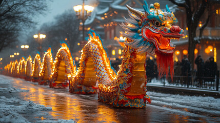Obraz premium A Chinese New Year parade with dragon dancers