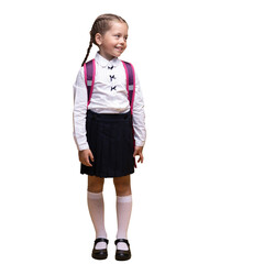 smiling little cute school girl in uniform with school backpack, isolated on yellow background