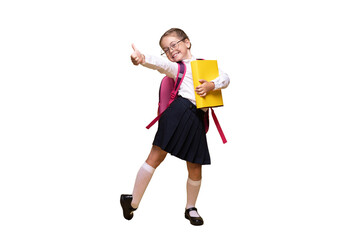 education, school, childhood, people and vision concept - smiling cute little girl with black eyeglasses showing thumbs up gesture over yellow