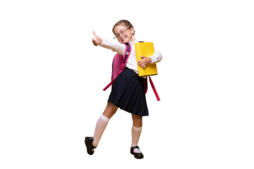 education, school, childhood, people and vision concept - smiling cute little girl with black eyeglasses showing thumbs up gesture over yellow