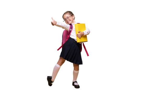 education, school, childhood, people and vision concept - smiling cute little girl with black eyeglasses showing thumbs up gesture over yellow