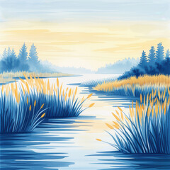 Obraz premium Ghostly marsh, misty waters and haunting silhouettes, eerie and tranquil, Blue and Yellow tones