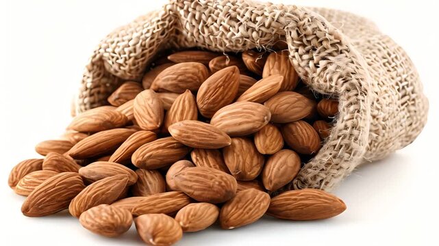 A burlap sack overflowing with almonds, isolated on a white background.