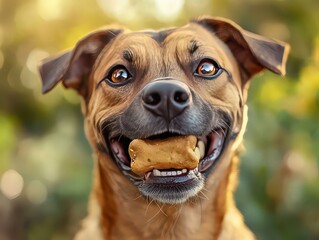  joyful dog enthusiastically munching on a favorite chew toy or tasty treat, with a playful expression.