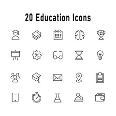 20 Education simple minimal line icons. Related student, academy, school, college. Vector illustration.
