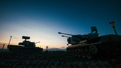 Air defense system at sunset. Mobile air defence with radar. Gepard PRTL © ALEKSTOCK.COM