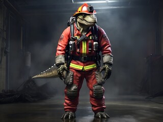 Fototapeta premium Dinosaur in a firefighter suit full length AI generated