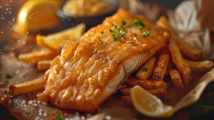 A mouth-watering meal of grilled fish with lemon, served alongside crispy fries.