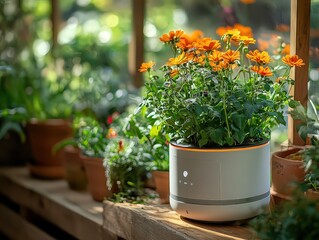 vibrant orange flower in a sleek pot surrounded by other potted plants in a sunny garden.