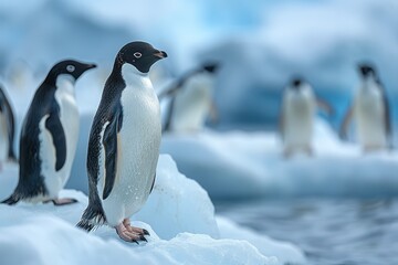 Obraz premium Group of Adelie penguins standing on an ice floe in the Southern Ocean with distant glaciers and blue water, typical of Antarctic marine life.