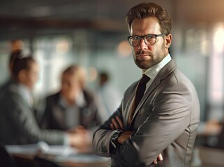 Fototapeta premium Businessman in casual outfit, arms crossed, smiling at camera, team in blurred office background.