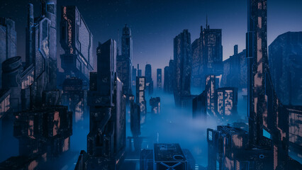 Sci-Fi city. Futuristic sci fi city at dusk. City of the future. © Steamaze