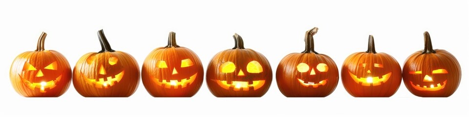 Obraz premium Row of Jack-o'-Lantern Pumpkins: Isolated on White Background for Halloween Themes