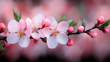 Obraz premium A close-up of a flower on a branch with pink and white flowers in the foreground and a blurry background is an image of a flower The focus is on the flowers in the
