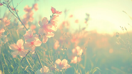  A photo of a field covered in pink flowers with the sun shining brightly behind cloudy skies