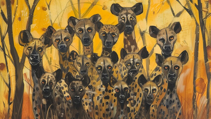 Hyenas - hyenas, animals, wildlife, group, nature, savannah, pack, predators, spotted, wild, forest, painting, art, illustration, yellow, brown, black