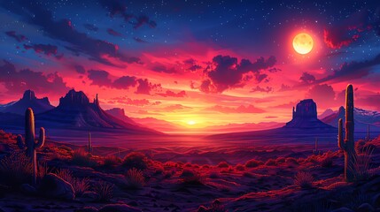 Vibrant desert landscape at sunset with colorful skies, cacti in the foreground, and rocky formations in the distance, ideal for travel blogs, nature promotions, and inspirational designs,