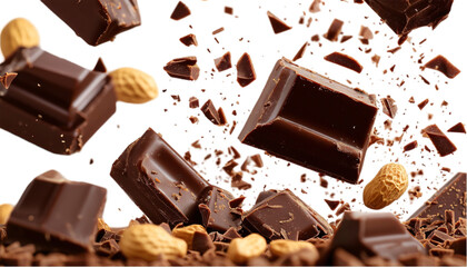 Chocolate pieces falling with chocolate flakes in the air isolated on transparent background, png.