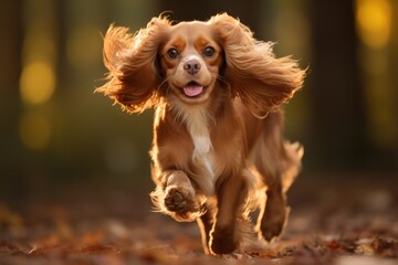 Cavalier king charles spaniel running in the autumn forest