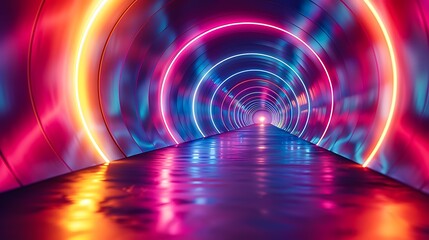 The image depicts a vibrant neon tunnel with circular lights in shades of pink, purple, and blue, ideal for futuristic-themed designs, technology blogs, or as a modern background,