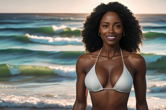 Black ebony woman on the beach in white bikini 