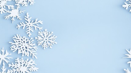 White snowflakes on a plain white or blue background, highlighting their unique symmetrical patterns. SEAMLESS PATTERN.