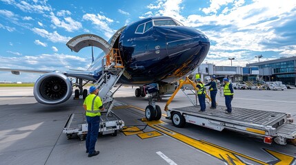 A blue airplane is being serviced by ground crew at an airport.  A tow truck is attached to the plane.