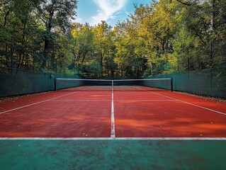Fototapeta premium clean, organized tennis court with clearly defined lines, net, and surrounding fencing.