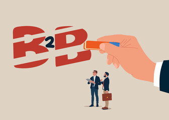 Businessman removed alphabet B2B with eraser. B2B business to business marketing, company agreement, supply chain. Modern vector illustration in flat style. 