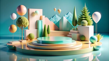 Fototapeta premium 3D Product Display stage with Minimalist Geometric Shapes and Natural Elements