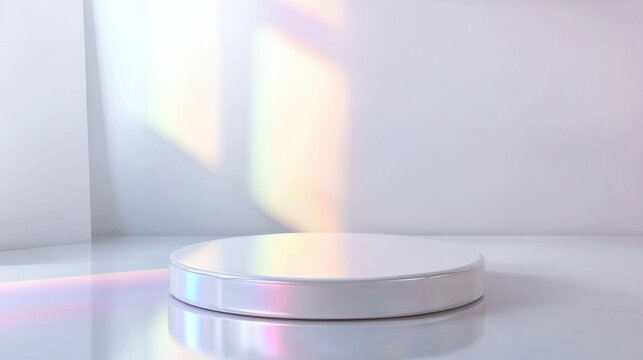 Opal White Ethereal Elegance Display, captivating scene featuring a porcelain podium showcasing a cosmetic product against an iridescent white background with subtle rainbow hues