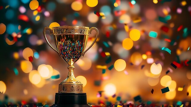 Celebrating Victory: A Shining Trophy Surrounded by Colorful Confetti