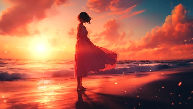 Seamless looping 4k time-lapse animation video background of a woman in a flowing dress standing on the beach at sunset, capturing the peaceful ambiance of the sea and sky painted in warm, vibrant col