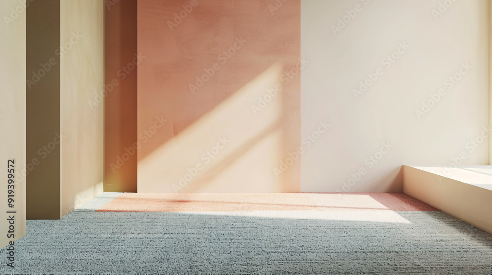 Aufkleber sunlight casting shadows in a modern room with peach and white walls