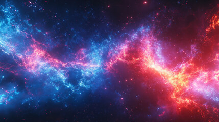 Obraz premium Versus background, An explosive collision of blue and red neon energy elements crashes against the darkness, creating a mesmerizing splash effect. The luminous energy pulses and