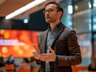 Fototapeta premium Professional man giving a presentation in a modern indoor setting with an audience engaged in discussion