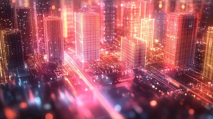 Obraz premium Digital Cityscape with Luminous Skyscrapers and Data Streams, Symbolizing Technological Integration in Urban Life