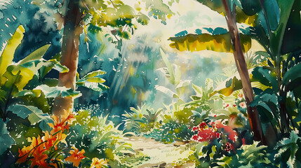 Realistic watercolor of a tropical garden, exotic flowers, banana trees, lush greenery, warm morning light