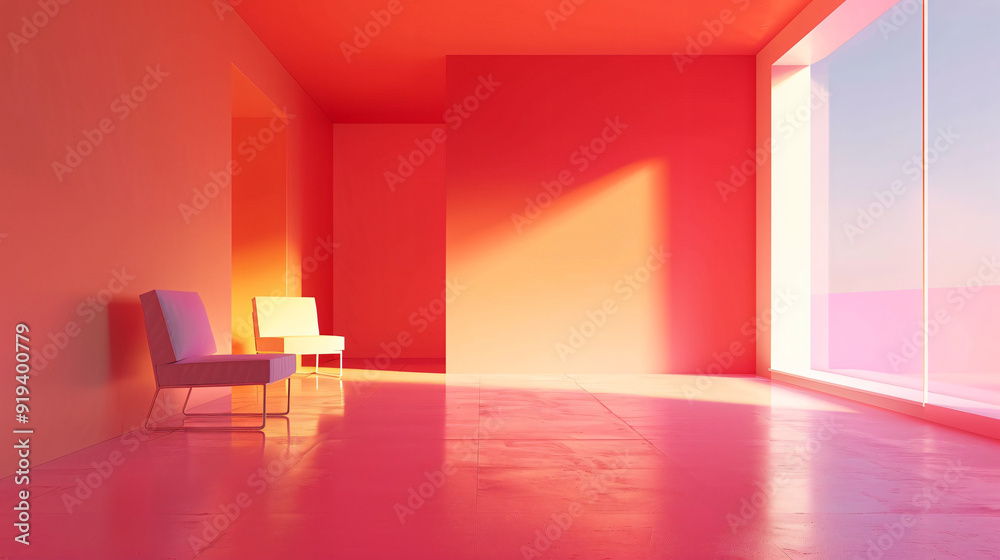 Aufkleber two chairs in a minimalist interior illuminated by red light from a spacious window