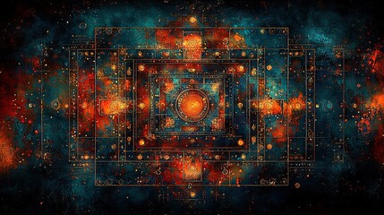 Naklejka premium A painting of a square surrounded by an orange-blue bubble-star field on a dark background